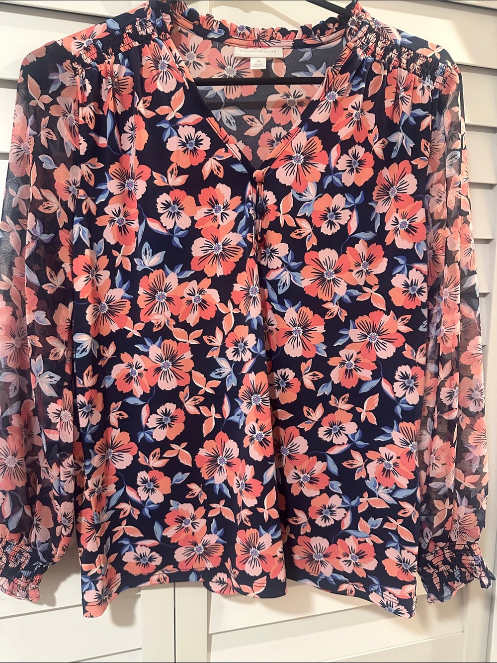 Charter Club Navy Floral Long-Sleeve V-Neck Blouse with Coral Blooms